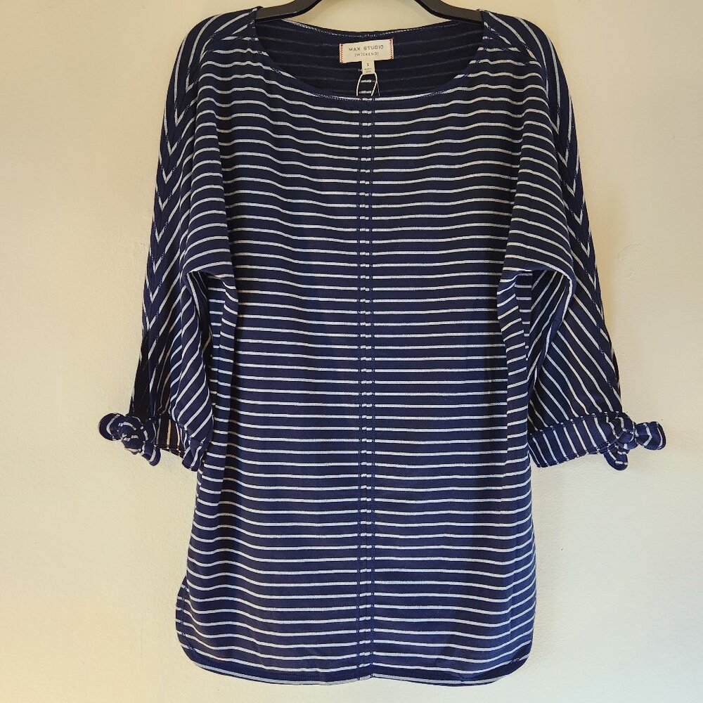 Navy/White Strip Max Studio Tunic Top 1/2 Sleeves Small NWT